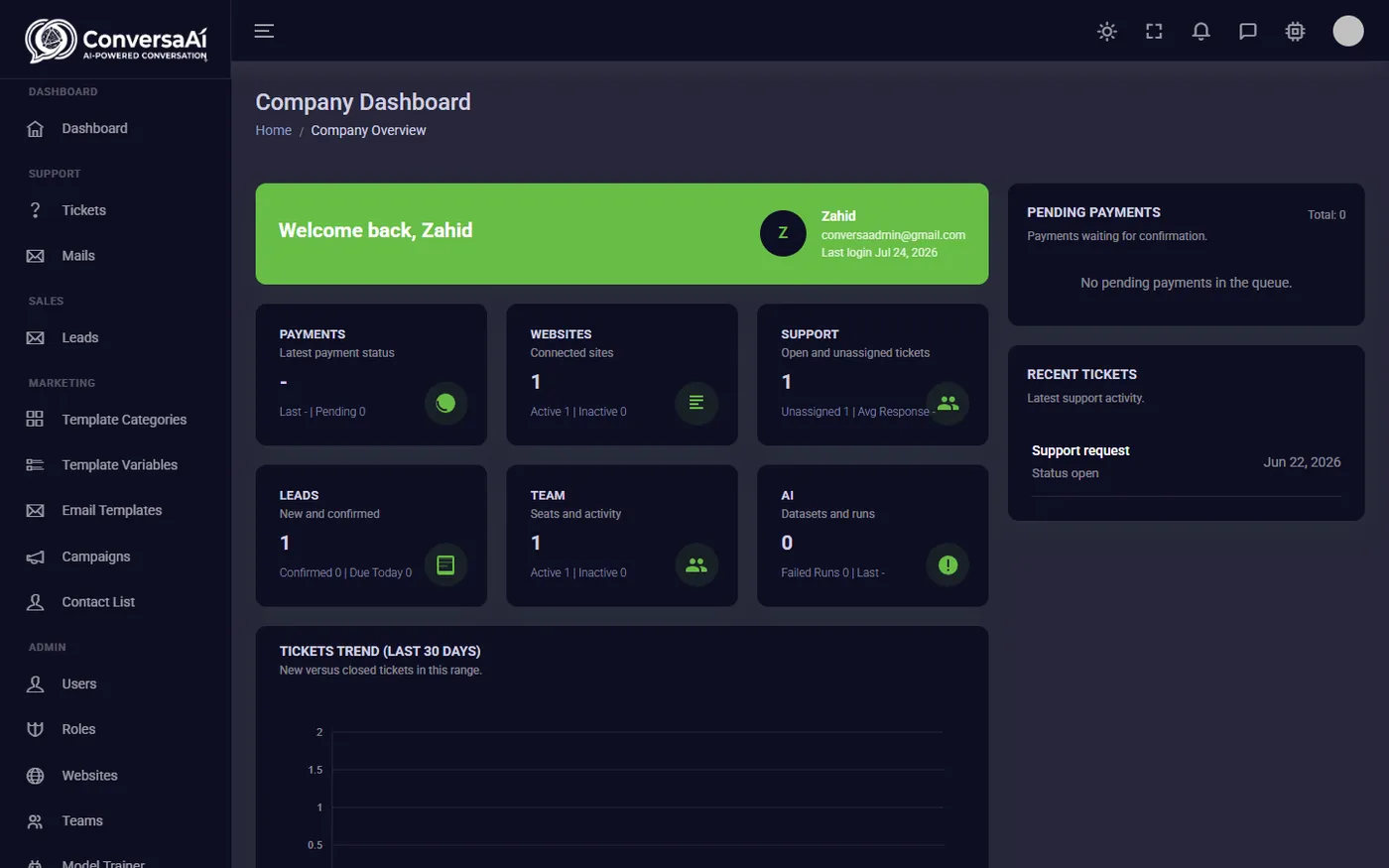 Conversa AI — Self-Training Support Bot, screen 2