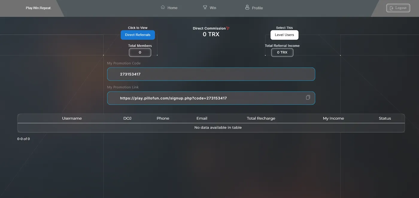 PilloFun — TRX Color-Gaming & Referral Platform, screen 4